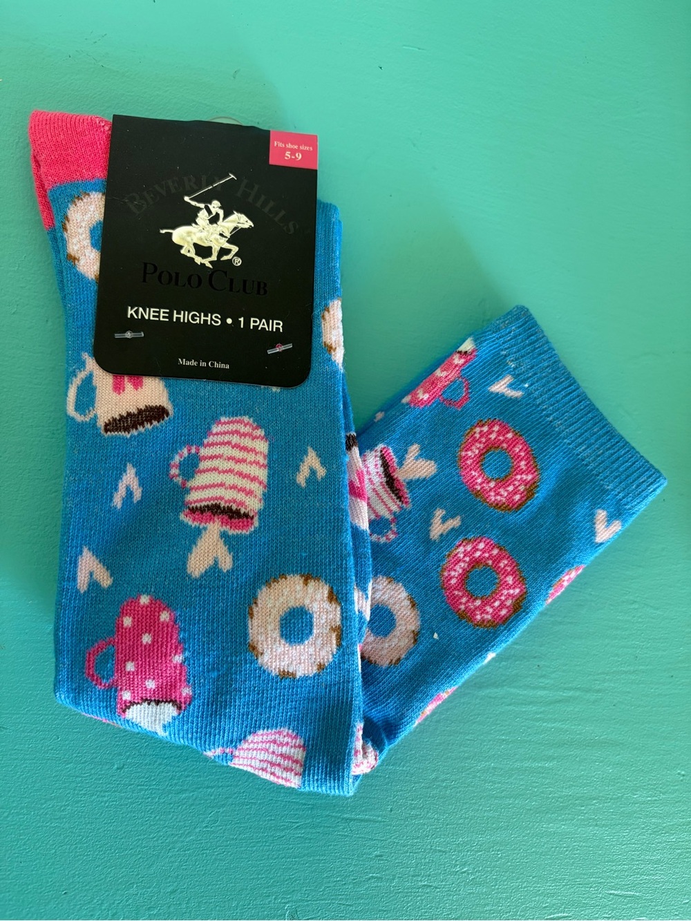 Beverly Hills Polo Club Blue Knee High Socks with Donut & Mug Motif